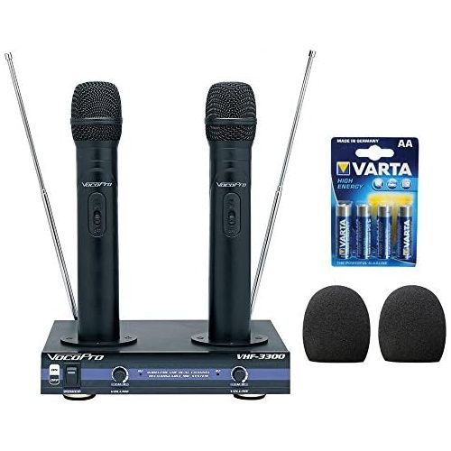  VocoPro VHF-3300-2 Channel VHF Rechargeable Wireless Microphone System with (2) WHF-158 Foam Windscreen and AA LR6 Alkaline Battery (4-Pack)