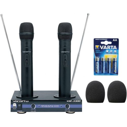  VocoPro VHF-3300-2 Channel VHF Rechargeable Wireless Microphone System with (2) WHF-158 Foam Windscreen and AA LR6 Alkaline Battery (4-Pack)