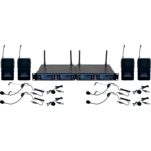  VocoPro UDHPLAY4 FOUR CHANNEL UHF Headset & Lapel Wireless Microphone Package with Mic-on-chip technology