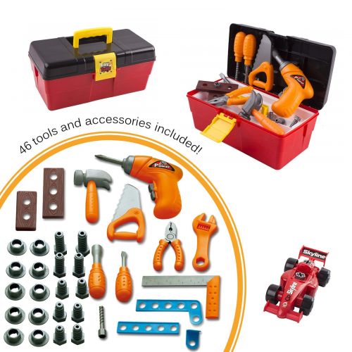  Vokodo 44 Piece Toy Tool Set With Construction Kit Accessories Portable Realistic Tools Box Including Electric Drill Hammer Wrench Screwdriver F1 Car Perfect For Boys Children’s Education