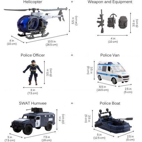  Vokodo Deluxe Police Special Operations Rescue Series Play Set Includes Armed Helicopter Armored Vehicle Ambulance Water Raft Canoe Soldier and Artillery Perfect Kids Pretend Army
