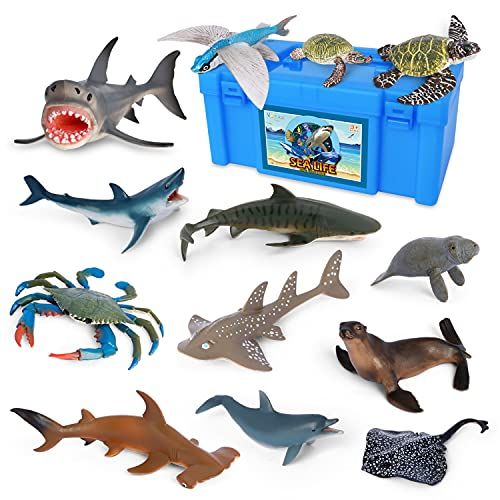  Sea Creature Toys VOLNAU 14PCS Atlantic Shark Toys Ocean Sea Animal Figurines for Toddlers Kids Christmas Birthday Gift Plastic Fish Toys Preschool Pack and Bath Sets