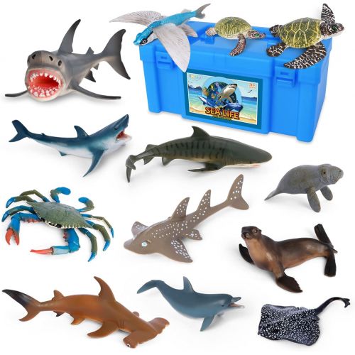  Sea Creature Toys VOLNAU 14PCS Atlantic Shark Toys Ocean Sea Animal Figurines for Toddlers Kids Christmas Birthday Gift Plastic Fish Toys Preschool Pack and Bath Sets