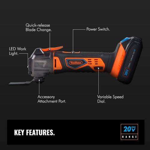  VonHaus 20V MAX Cordless Oscillating Multi-Tool Kit with Variable Speed, LED Light, Dust Extractor and 20 Piece Accessories Set - 2.0Ah Lithium-Ion Battery and Charger Included