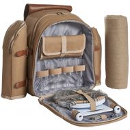 VonShef Premium Picnic Backpack for 4 Person Outdoor Camping Rucksack with Dining Set, Cutlery Set, Removable Insulated Cooler Bag and Large Waterproof Picnic Blanket Khaki Canvas