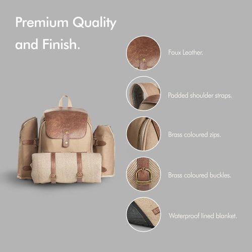  VonShef Premium Picnic Backpack for 4 Person Outdoor Camping Rucksack with Dining Set, Cutlery Set, Removable Insulated Cooler Bag and Large Waterproof Picnic Blanket Khaki Canvas