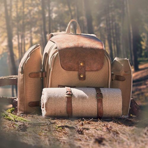  VonShef Premium Picnic Backpack for 4 Person Outdoor Camping Rucksack with Dining Set, Cutlery Set, Removable Insulated Cooler Bag and Large Waterproof Picnic Blanket Khaki Canvas