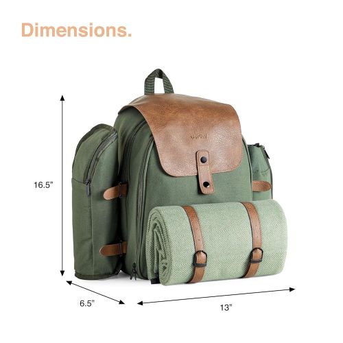  VonShef Premium Picnic Backpack for 4 Person Outdoor Camping Rucksack with Dining Set, Cutlery Set, Removable Insulated Cooler Bag and Large Waterproof Picnic Blanket Khaki Canvas