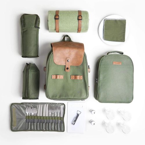  VonShef Premium Picnic Backpack for 4 Person Outdoor Camping Rucksack with Dining Set, Cutlery Set, Removable Insulated Cooler Bag and Large Waterproof Picnic Blanket Khaki Canvas