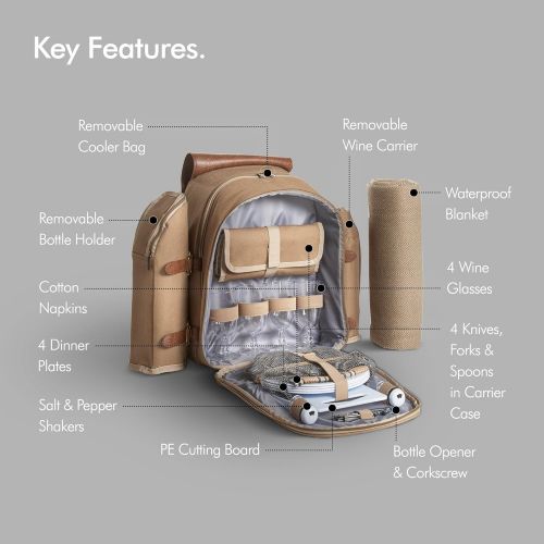  VonShef Premium Picnic Backpack for 4 Person Outdoor Camping Rucksack with Dining Set, Cutlery Set, Removable Insulated Cooler Bag and Large Waterproof Picnic Blanket Khaki Canvas