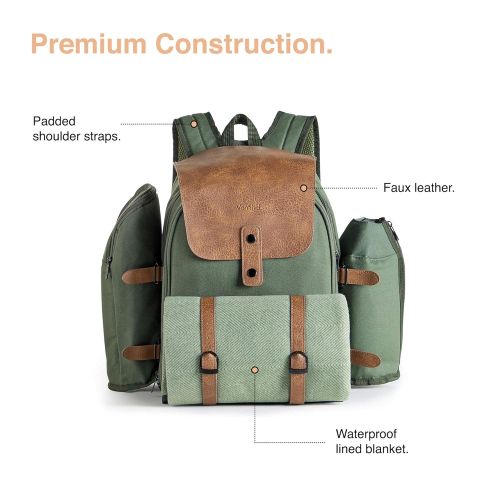  VonShef Premium Picnic Backpack for 4 Person Outdoor Camping Rucksack with Dining Set, Cutlery Set, Removable Insulated Cooler Bag and Large Waterproof Picnic Blanket Khaki Canvas