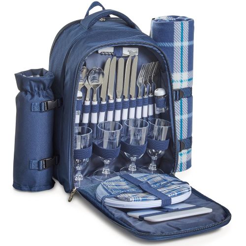  VonShef 4 Person Outdoor Picnic Backpack Bag Set with Insulated Cooler Compartment - Includes Picnic Blanket, Detachable Bottle Wine Holder, Flatware and Plates  Navy Tartan