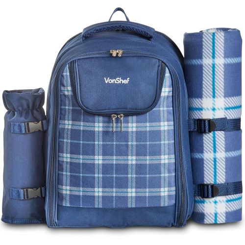  VonShef 4 Person Outdoor Picnic Backpack Bag Set with Insulated Cooler Compartment - Includes Picnic Blanket, Detachable Bottle Wine Holder, Flatware and Plates  Navy Tartan