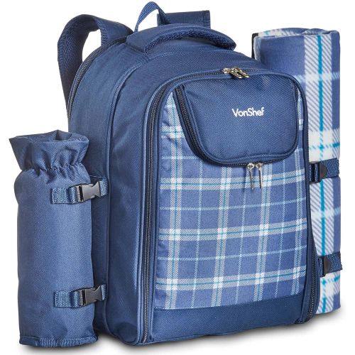  VonShef 4 Person Outdoor Picnic Backpack Bag Set with Insulated Cooler Compartment - Includes Picnic Blanket, Detachable Bottle Wine Holder, Flatware and Plates  Navy Tartan