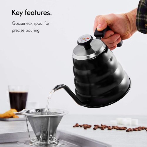 VonShef 1,2L Handbrueh-Kaffeekessel mit Thermometer - Edelstahl - 1200ml Fassungsvermoegen - Matte schwarze Oberflache & Geschenkbox enthalten - Aufguss-Kaffee