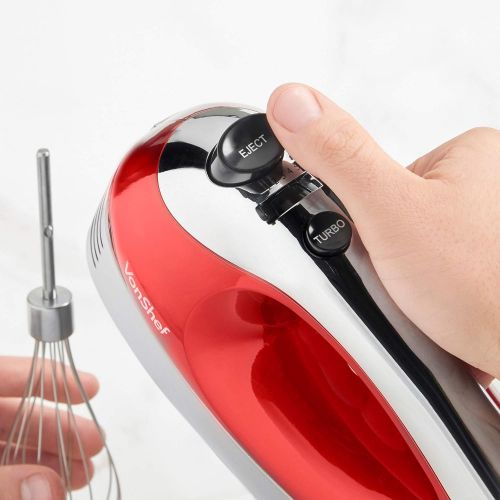  VonShef 400W Handmixer schwarz - Mit Ruehrbesen, Knethaken, Schneebesen aus Edelstahl + 5 Geschwindigkeiten mit Turbo-Taste (Rot)