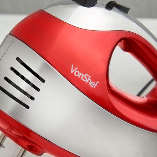  VonShef 400W Handmixer schwarz - Mit Ruehrbesen, Knethaken, Schneebesen aus Edelstahl + 5 Geschwindigkeiten mit Turbo-Taste (Rot)