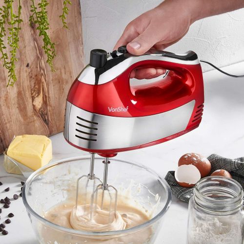  VonShef 400W Handmixer schwarz - Mit Ruehrbesen, Knethaken, Schneebesen aus Edelstahl + 5 Geschwindigkeiten mit Turbo-Taste (Rot)