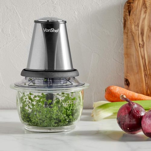  VonShef Multi-Zerkleinerer 400W Kompakt  Mit 2 Geschwindigkeitsstufen & 1,2L Glasbehalter  Perfekt fuer Salate, Suppen, Salsa, Pesto, Curry-Pasten & mehr