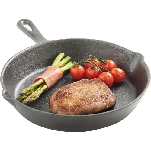  VonShef Bratpfanne Schwarz Gusseisen - Grillpfanne Schmorpfanne Steakpfanne, 25 cm, Bereits mit pflanzlichen OElen eingebrannt