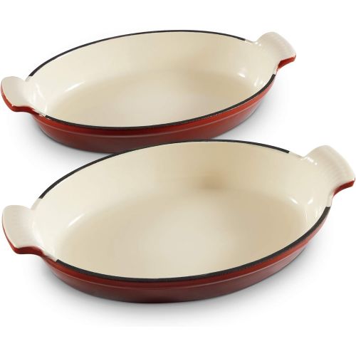  VonShef 2 Cast Iron Red / Cream Casserole Dish - Enamelled Non-Stick Coating - Flat Oval Roasting Dish - Ideal for Lasagne, Gratins, Casseroles