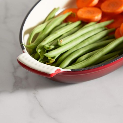  VonShef 2 Cast Iron Red / Cream Casserole Dish - Enamelled Non-Stick Coating - Flat Oval Roasting Dish - Ideal for Lasagne, Gratins, Casseroles