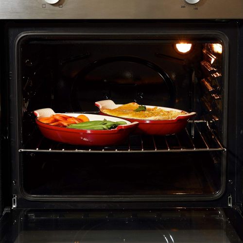  VonShef 2 Cast Iron Red / Cream Casserole Dish - Enamelled Non-Stick Coating - Flat Oval Roasting Dish - Ideal for Lasagne, Gratins, Casseroles