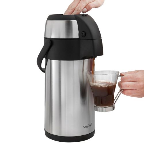  VonShef Edelstahl Pump-Isolierkanne-Thermoskanne Airpot fuer Tee, Kaffee und Suppe (3L)
