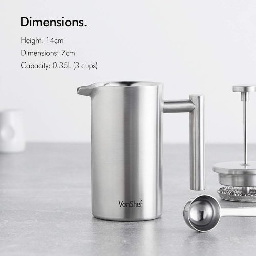  VonShef Kaffeebereiter French Press Teebereiter 3 Tassen/360 ml aus Edelstahl Doppelwandig Thermoisoliert inkl. Messloeffel und Beutelclip