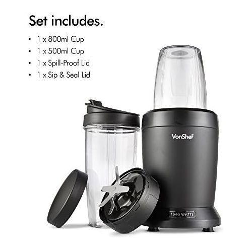  VonShef UltraBlend Standmixer & Smoothie Maker 1000 W - 800ml und 500ml Behalter, 1 schwappsicherer Deckel, 1 Sip & Seal Deckel