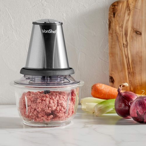  VonShef Multi-Zerkleinerer 400W Kompakt  Mit 2 Geschwindigkeitsstufen & 1,2L Glasbehalter  Perfekt fuer Salate, Suppen, Salsa, Pesto, Curry-Pasten & mehr