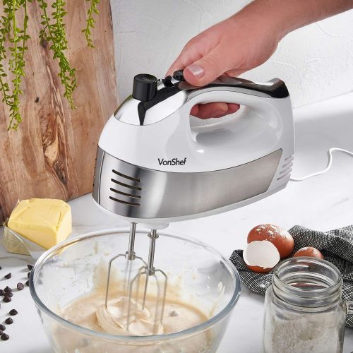  VonShef 400W Handmixer schwarz - Mit Ruehrbesen, Knethaken, Schneebesen aus Edelstahl + 5 Geschwindigkeiten mit Turbo-Taste (Rot)