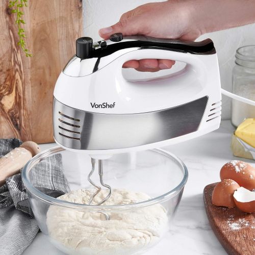  VonShef 400W Handmixer schwarz - Mit Ruehrbesen, Knethaken, Schneebesen aus Edelstahl + 5 Geschwindigkeiten mit Turbo-Taste (Rot)