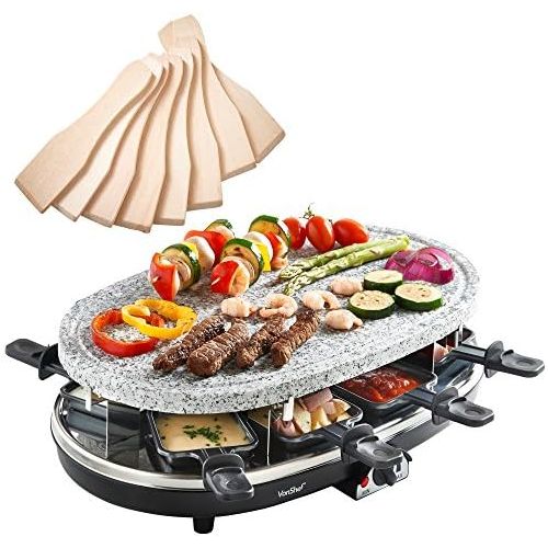  VonShef Raclette Grill aus Naturstein fuer 8 Personen - mit flexibler Temperaturregelung, 8 Pfannchen & 8 Racletteschiebern