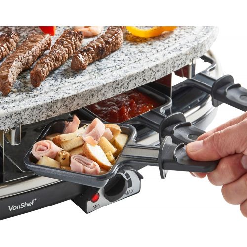  VonShef Raclette Grill aus Naturstein fuer 8 Personen - mit flexibler Temperaturregelung, 8 Pfannchen & 8 Racletteschiebern