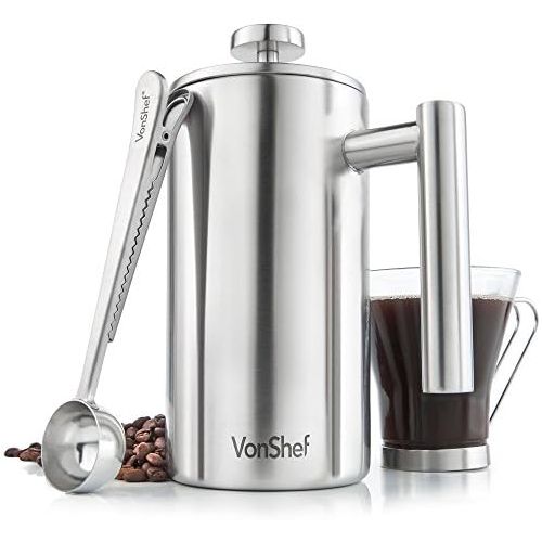  VonShef Kaffeebereiter French Press Teebereiter 3 Tassen/360 ml aus Edelstahl Doppelwandig Thermoisoliert inkl. Messloeffel und Beutelclip