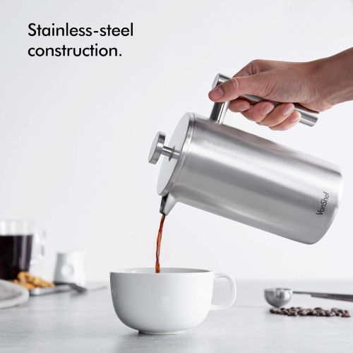  VonShef Kaffeebereiter French Press Teebereiter 3 Tassen/360 ml aus Edelstahl Doppelwandig Thermoisoliert inkl. Messloeffel und Beutelclip