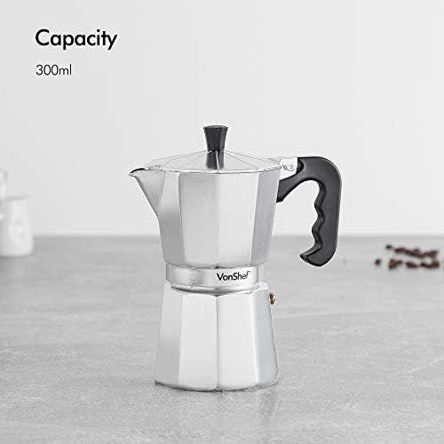  VonShef Italienischer Espresso- Kaffee- oder Mokka-Maker 6 Tassen/300ml Herdplatte Macchinetta enthalt eine Ersatzdichtung und Filter