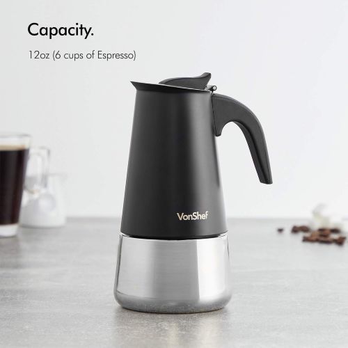  VonShef Stovetop Espresso Maker (6 Cup) ? Matte Black Stainless Steel, Moka Pot/Stove Top Coffee Percolator, Easy Clean & Quick Operation ? Perfect Birthday or Housewarming Gift, 1