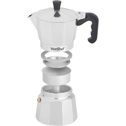  VonShef Stovetop Aluminium Espresso Maker Moka Pot, Chrome, 3 Espresso Cups