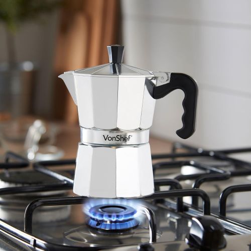  VonShef Stovetop Aluminium Espresso Maker Moka Pot, Chrome, 3 Espresso Cups