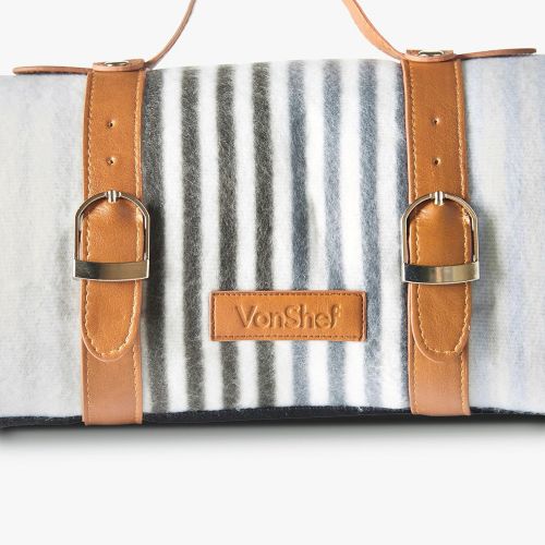  VonShef Picnic Blanket - Large 58 x 71 Soft Waterproof Folding Picnic Blanket for Outdoor Picnics, Beach, Camping - Gray Striped Pattern