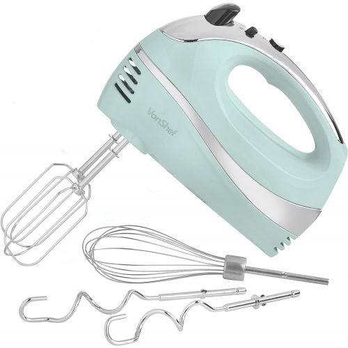  [아마존베스트]VonShef BLUE 250W Hand Mixer Whisk With Chrome Beater, Dough Hook, 5 Speed and Turbo Button + Balloon Whisk