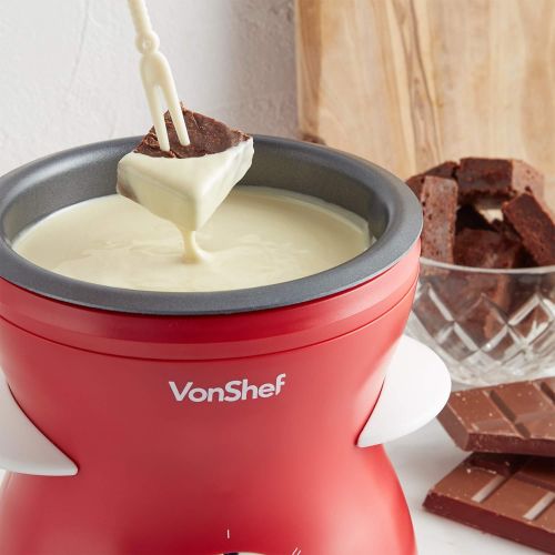  VonShef Fondue Pot, Electric Chocolate Melting Set, Chocolatier Warmer Includes Spatula, 10 Skewers & 10 Forks For Dipping Candy, 2 Heat Settings for Easy Melting (Red)