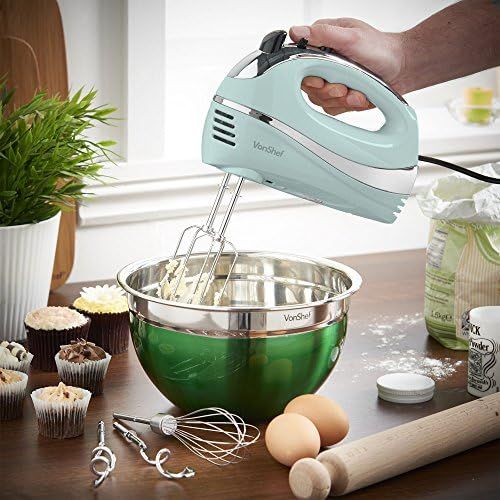  [아마존베스트]VonShef BLUE 250W Hand Mixer Whisk With Chrome Beater, Dough Hook, 5 Speed and Turbo Button + Balloon Whisk