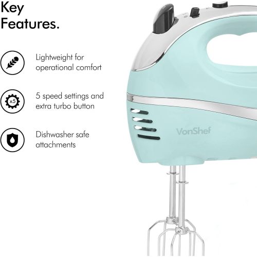  [아마존베스트]VonShef BLUE 250W Hand Mixer Whisk With Chrome Beater, Dough Hook, 5 Speed and Turbo Button + Balloon Whisk