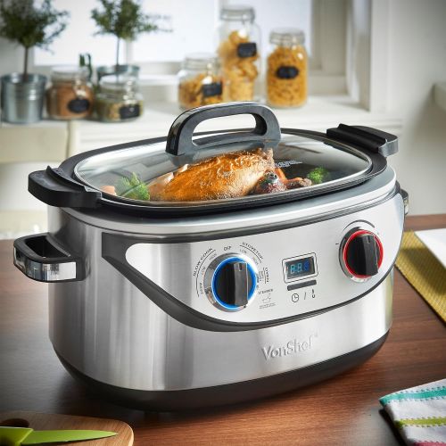  VonShef 8 in 1 Multi Cooker 5-Quart Stainless Steel - Slow Cook, Simmer, Sear, Roast, Bake, Steam & Warm