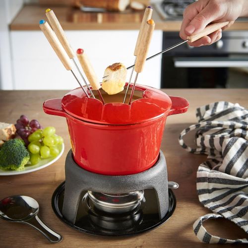  VonShef Fondue Set with 6 Fondue Forks, Stylish Cast Iron Porcelain Enamel Fondue Pot Makes All Styles of Fondue Such as Cheese and Chocolate, 1.6 QT Capacity, Red, 12pc Set