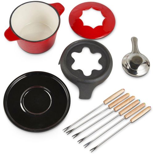  VonShef Fondue Set with 6 Fondue Forks, Stylish Cast Iron Porcelain Enamel Fondue Pot Makes All Styles of Fondue Such as Cheese and Chocolate, 1.6 QT Capacity, Red, 12pc Set