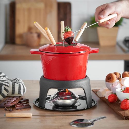  VonShef Fondue Set with 6 Fondue Forks, Stylish Cast Iron Porcelain Enamel Fondue Pot Makes All Styles of Fondue Such as Cheese and Chocolate, 1.6 QT Capacity, Red, 12pc Set